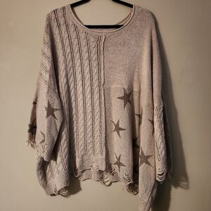 POL distressed patchwork knit poncho sweater